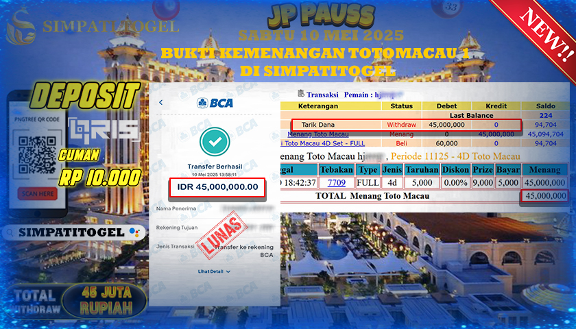 SIMPATITOGEL id : HJ**** MENANG BESAR DI TOTOMACAU DENGAN TOTAL WITHDRAW Rp.45.000.000 ,- LUNAS