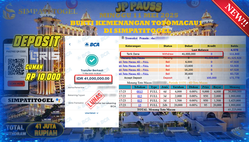 SIMPATITOGEL id : DAR**** JACKPOT DI TOTOMACAU 1 TOTAL WITHDRAW Rp.41.000.000 ,- LUNAS