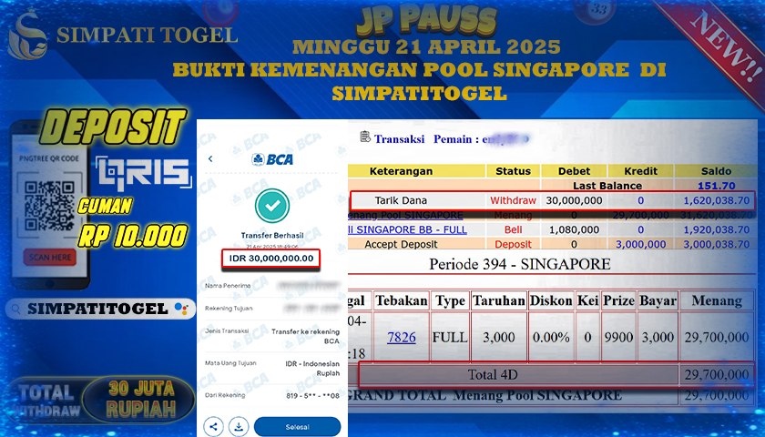 SIMPATITOGEL id : END***** MENANG POOL SINGAPORE TOTAL WITHDRAW Rp.30.000.000 ,- LUNAS