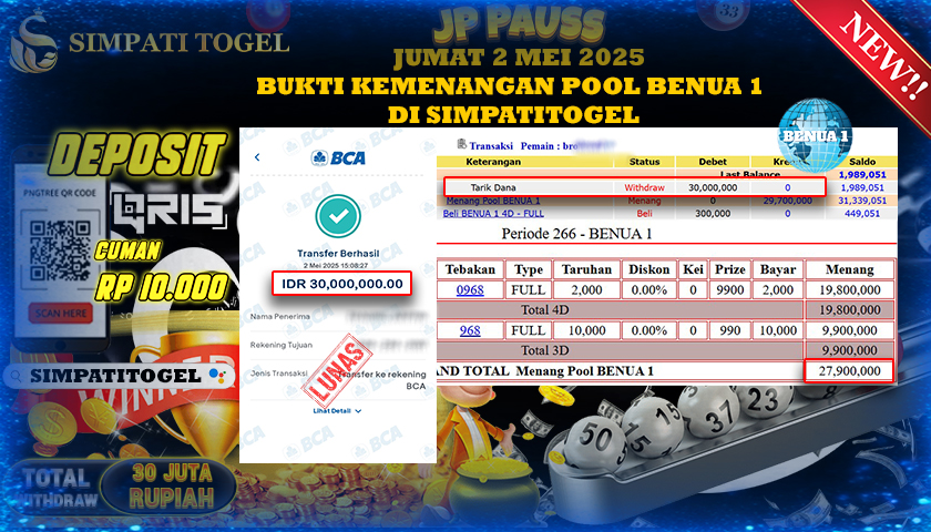 SIMPATITOGEL id : BRO**** MENANG BESAR DI POOL BENUA 1 DENGAN TOTAL WITHDRAW Rp.30.000.000 ,- LUNAS