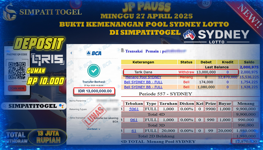 SIMPATITOGEL id : PU**** MENANG BESAR DI POOL SYDNEY LOTTO DENGAN TOTAL WITHDRAW Rp.13.000.000 ,- LUNAS