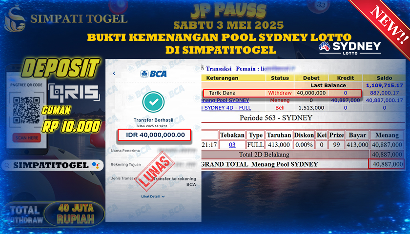 SIMPATITOGEL id : LIO**** KEMENANGAN BESAR DI SYDNEY LOTTO TOTAL WITHDRAW Rp.40.000.000 ,- LUNAS