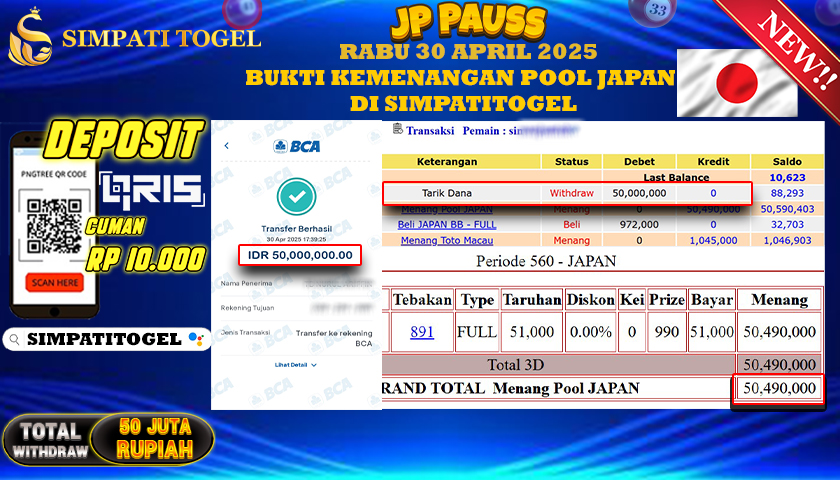 SIMPATITOGEL id : SI**** MENANG BESAR DI POOL JAPAN DENGAN TOTAL WITHDRAW Rp.50.000.000 ,- LUNAS