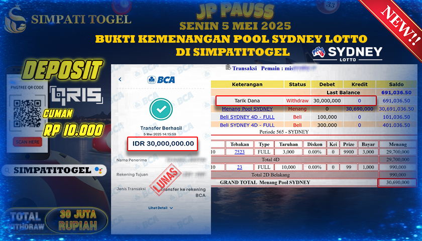 SIMPATITOGEL id : MIS**** MENANG BESAR DI POOL SYDNEY LOTTO TOTAL WITHDRAW Rp.30.000.000 ,- LUNAS