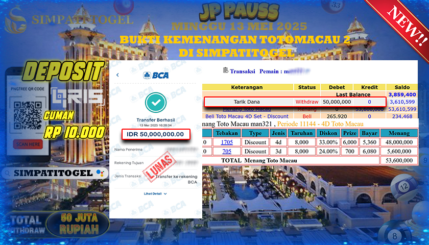 SIMPATITOGEL id : M**** JACKPOT DI TOTOMACAU 2 TOTAL WITHDRAW Rp.50.000.000 ,- LUNAS