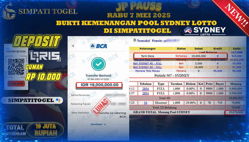 SIMPATITOGEL id : PA**** MENANG BESAR DI POOL SYDNEY LOTTO DENGAN TOTAL WITHDRAW Rp.19.000.000 ,- LUNAS
