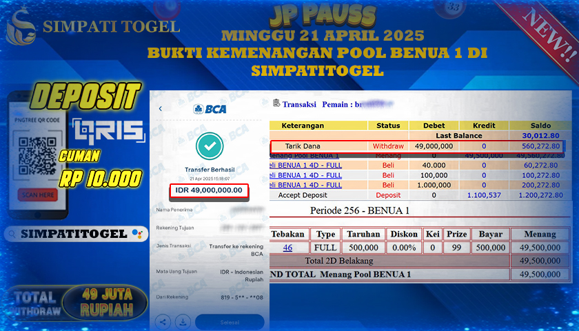 SIMPATITOGEL id : BRO***** MENANG POOL BENUA 1 TOTAL WITHDRAW Rp.49.000.000 ,- LUNAS