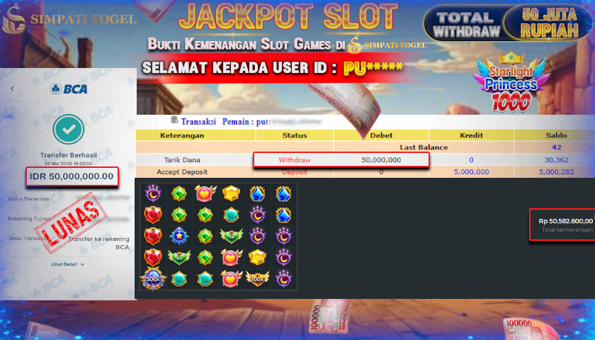 SIMPATITOGEL id : PU*** MENANG BESAR DI SLOT STARLIGHT PRINCESS PRAGMATIC PLAY  DENGAN TOTAL WITHDRAW Rp.50.000.000 ,- LUNAS