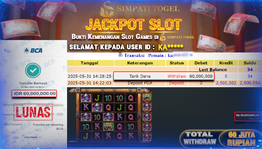 SIMPATITOGEL id :KA*** MENANG BESAR DI Eye of Spartacus DENGAN TOTAL WITHDRAW Rp.60.000.000 ,- LUNAS