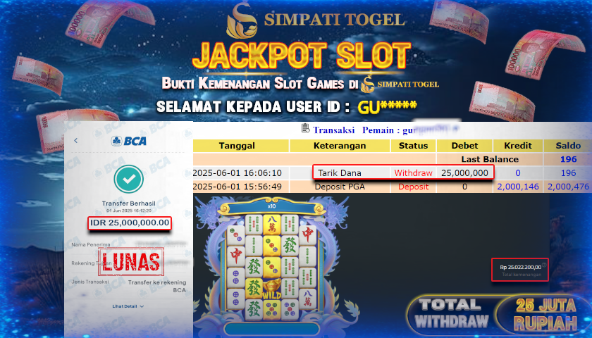 SIMPATITOGEL id :GU*** MENANG BESAR DI Mahjong Wins 3 - Black Scatter DENGAN TOTAL WITHDRAW Rp.25.000.000 ,- LUNAS