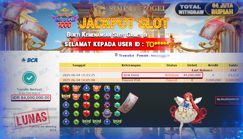 SIMPATITOGEL id :TO*** MENANG BESAR DI STARLIGHT PRINCESS DENGAN TOTAL WITHDRAW Rp.84.000.000 ,- LUNAS