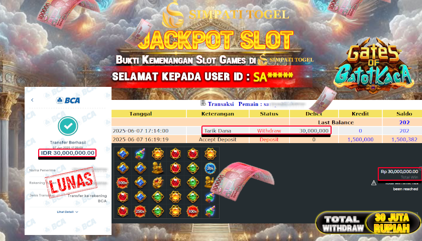 SIMPATITOGEL id :SA*** MENANG BESAR DI GATES OF GATOT KACA  DENGAN TOTAL WITHDRAW Rp.30.000.000 ,- LUNAS