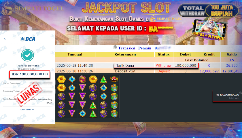 SIMPATITOGEL id : DA*** MENANG BESAR DI SLOT GATES OF OLYMPUS Pragmatic Play DENGAN TOTAL WITHDRAW Rp.100.000.000 ,- LUNAS