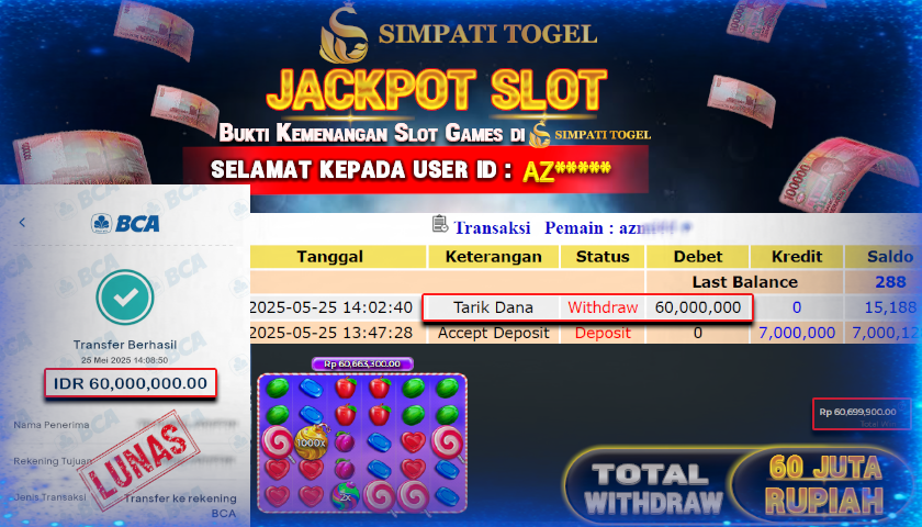 SIMPATITOGEL id :AZ*** MENANG BESAR DI SWEET BONANZA DENGAN TOTAL WITHDRAW Rp.60.000.000 ,- LUNAS