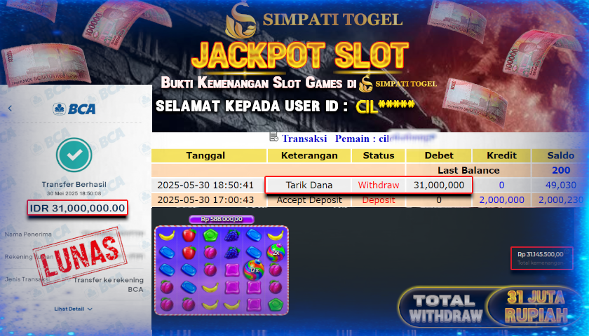 SIMPATITOGEL id :CIL*** MENANG BESAR DI SWEET BONANZA DENGAN TOTAL WITHDRAW Rp.31.000.000 ,- LUNAS