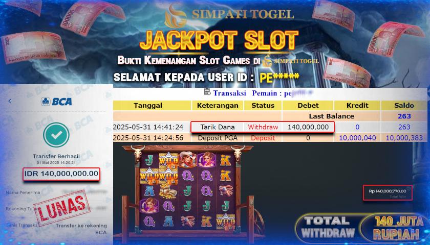 SIMPATITOGEL id :PE*** MENANG BESAR DI Wild West Gold Blazing Bounty DENGAN TOTAL WITHDRAW Rp.140.000.000 ,- LUNAS