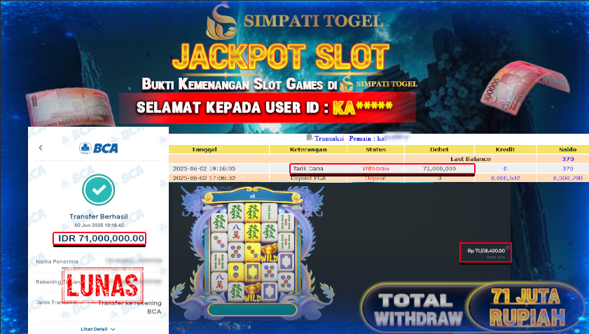 SIMPATITOGEL id :KA*** MENANG BESAR DI Mahjong Wins 3 - Black Scatter DENGAN TOTAL WITHDRAW Rp.71.000.000 ,- LUNAS
