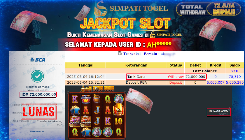 SIMPATITOGEL id :AH*** MENANG BESAR DI MAJESTIC EXPRESS - GOLD RUN  DENGAN TOTAL WITHDRAW Rp.72.000.000 ,- LUNAS