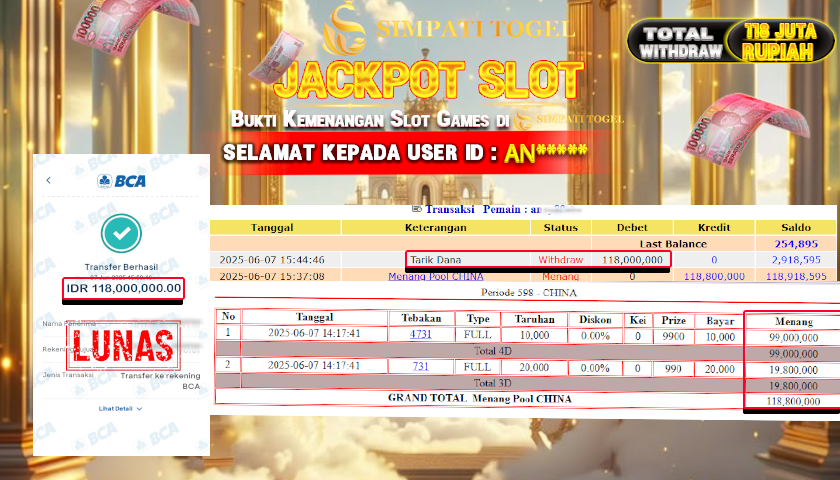 SIMPATITOGEL id :AN*** MENANG BESAR DI TOGEL CHINA  DENGAN TOTAL WITHDRAW Rp.118.000.000 ,- LUNAS