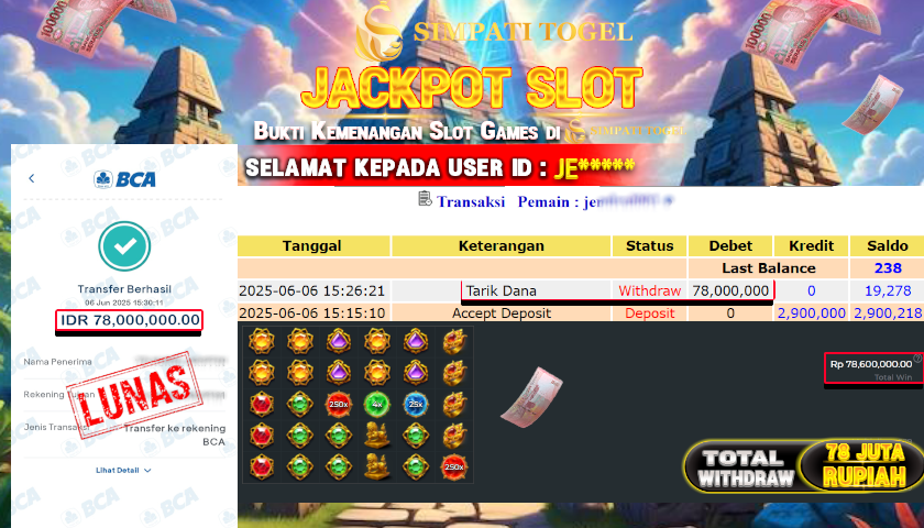 SIMPATITOGEL id :JE*** MENANG BESAR DI GATES OF GATOT KACA  DENGAN TOTAL WITHDRAW Rp.78.000.000 ,- LUNAS