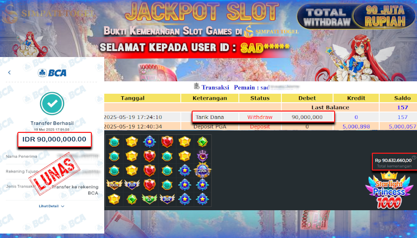 SIMPATITOGEL id :SAD*** MENANG BESAR DI SLOT STARLIGHT PRINCESS Pragmatic Play DENGAN TOTAL WITHDRAW Rp.90.000.000 ,- LUNAS