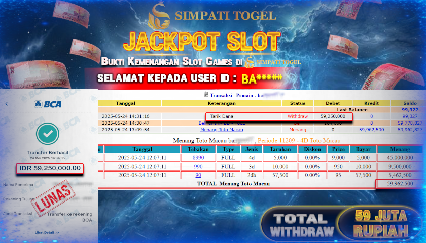 SIMPATITOGEL id :BA*** MENANG BESAR DI TOTO MACAU PERIODE 11209 DENGAN TOTAL WITHDRAW Rp.59.250.000 ,- LUNAS