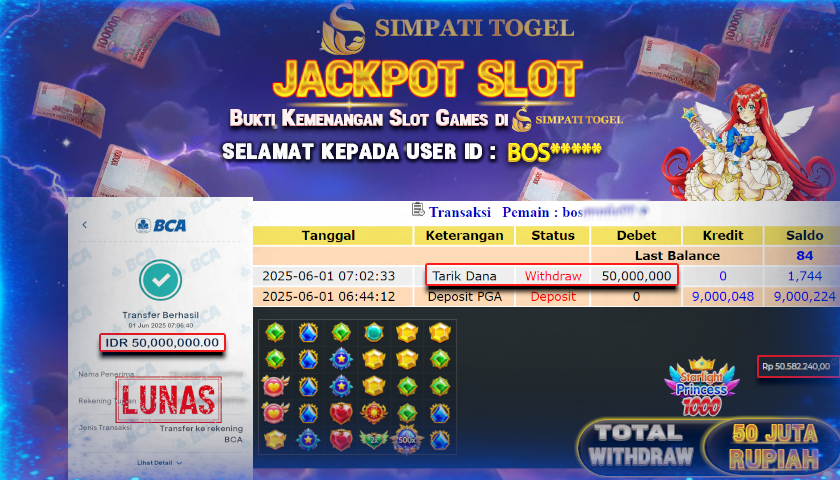 SIMPATITOGEL id :BOS*** MENANG BESAR DI STARLIGHT PRINCESS DENGAN TOTAL WITHDRAW Rp.50.000.000 ,- LUNAS