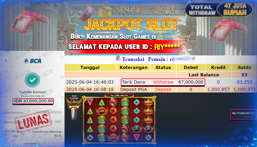 SIMPATITOGEL id :RIY*** MENANG BESAR DI GATES OF OLYMPUS SUPER SCATTER DENGAN TOTAL WITHDRAW Rp.47.000.000 ,- LUNAS