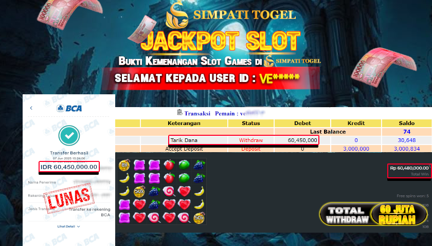 SIMPATITOGEL id :VE*** MENANG BESAR DI SWEET BONANZA DENGAN TOTAL WITHDRAW Rp.60.000.000 ,- LUNAS