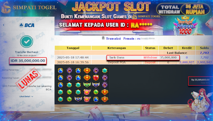 SIMPATITOGEL id : RA*** MENANG BESAR DI SLOT STARLIGHT PRINCESS Pragmatic Play DENGAN TOTAL WITHDRAW Rp.35.000.000 ,- LUNAS