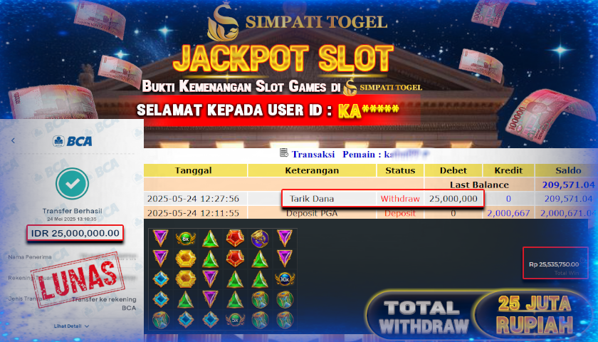 SIMPATITOGEL id :KA*** MENANG BESAR DI GATES OF OLYMPUS DENGAN TOTAL WITHDRAW Rp.25.000.000 ,- LUNAS