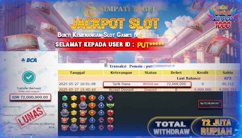 SIMPATITOGEL id :PUT*** MENANG BESAR DI STARLIGHT PRINCESS DENGAN TOTAL WITHDRAW Rp.72.000.000 ,- LUNAS