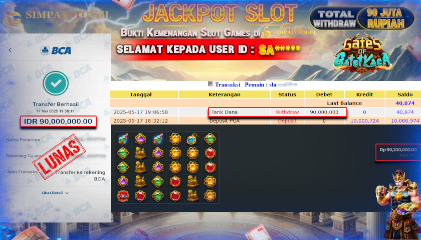 SIMPATITOGEL id : SA*** MENANG BESAR DI SLOT GATES OF GATOTKACA  Pragmatic Play DENGAN TOTAL WITHDRAW Rp.90.000.000 ,- LUNAS