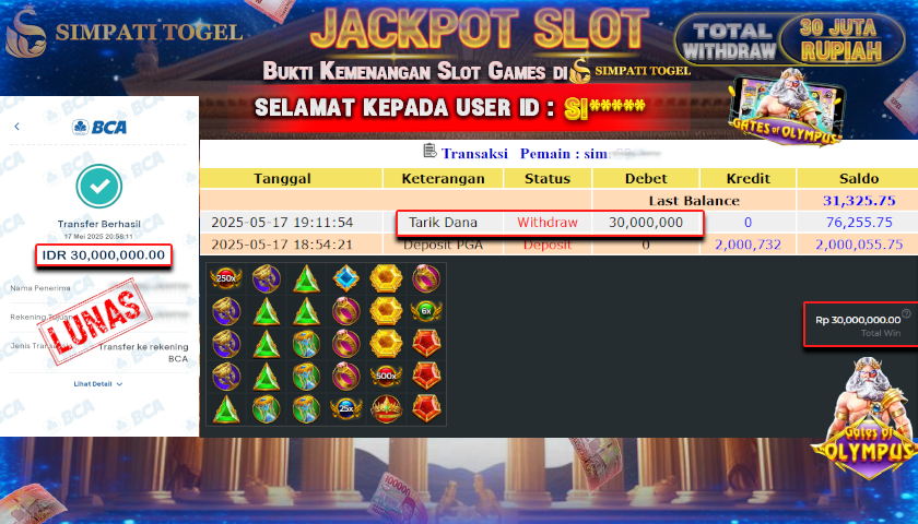 SIMPATITOGEL id : SI*** MENANG BESAR DI SLOT GATES OF OLYMPUS Pragmatic Play DENGAN TOTAL WITHDRAW Rp.30.000.000 ,- LUNAS