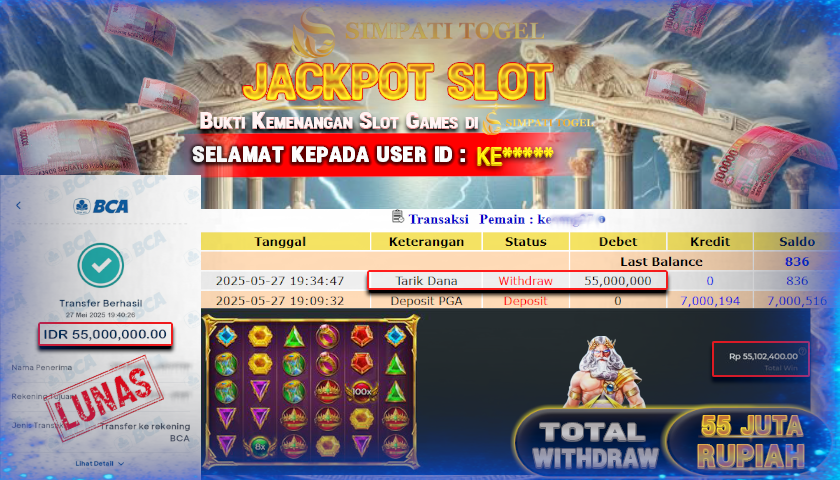 SIMPATITOGEL id :KE*** MENANG BESAR DI GATES OF OLYMPUS DENGAN TOTAL WITHDRAW Rp.55.000.000 ,- LUNAS
