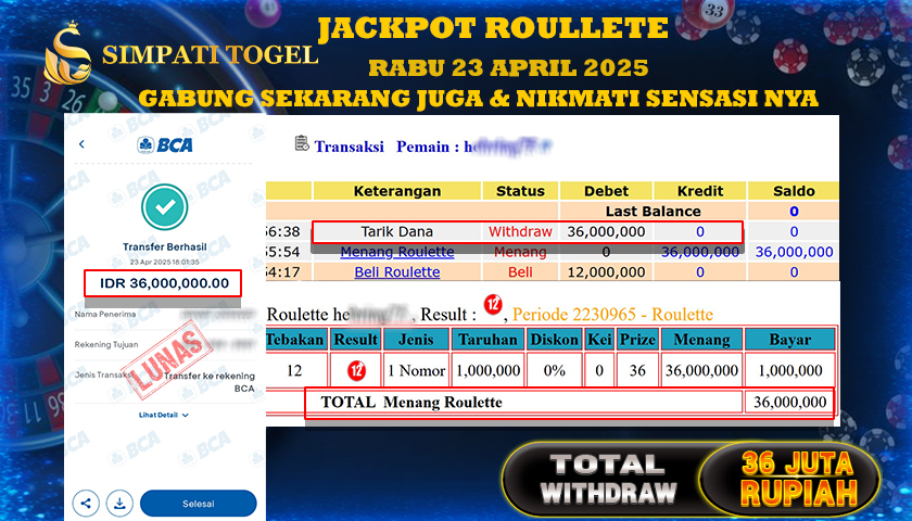 SIMPATITOGEL id : HE**** MENANG BESAR DI LIVE GAME ROULLETE DENGAN TOTAL WITHDRAW Rp.36.000.000 ,- LUNAS