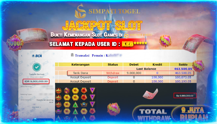 SIMPATITOGEL id : KEB***** JACKPOT SLOT GATES OF OLYMPUS 1000 TOTAL WITHDRAW Rp.9.000.000 ,- LUNAS