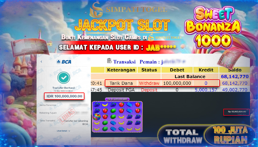 SIMPATITOGEL id : JAB**** JACKPOT DI SLOT SWEET BONANZA 1000 TOTAL WITHDRAW Rp.100.000.000 ,- LUNAS