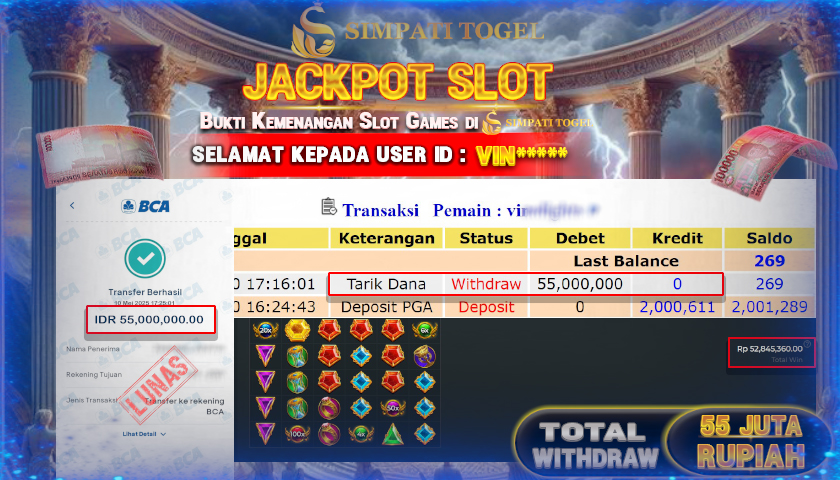 SIMPATITOGEL id : VIN**** MENANG BESAR DI SLOT GATES OF OLYMPUS 1000 PRAGMATIC PLAY DENGAN TOTAL WITHDRAW Rp.55.000.000 ,- LUNAS