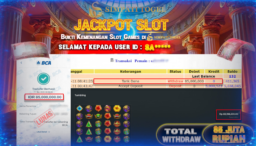 SIMPATITOGEL id : SA**** MENANG BESAR DI SLOT GATES OF OLYMPUS 1000 PRAGMATIC PLAY DENGAN TOTAL WITHDRAW Rp.85.000.000 ,- LUNAS