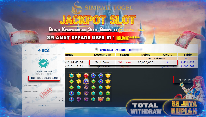 SIMPATITOGEL id : MAK**** JACKPOT DI SLOT STARLIGHT PRINCESS 1000 TOTAL WITHDRAW Rp.85.000.000 ,- LUNAS