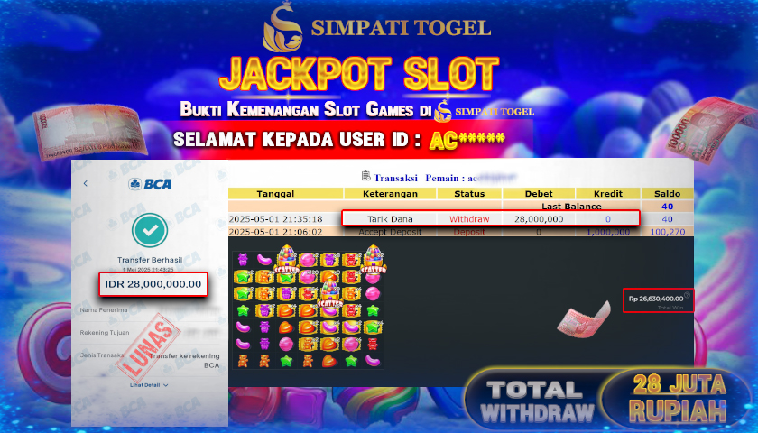 SIMPATITOGEL id : AC**** MENANG BESAR DI SLOT SUGAR RUSH 1000 DENGAN TOTAL WITHDRAW Rp.28.000.000 ,- LUNAS