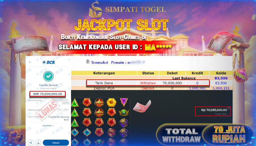 SIMPATITOGEL id : MA**** JACKPOT DI SLOT GATES OF OLYMPUS 1000 TOTAL WITHDRAW Rp.70.000.000 ,- LUNAS