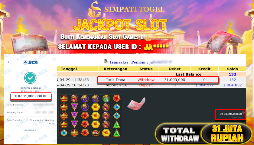 SIMPATITOGEL id : JA**** MENANG BESAR DI SLOT GATES OF OLYMPUS 1000 PRAGMATIC PLAY DENGAN TOTAL WITHDRAW Rp.31.000.000 ,- LUNAS
