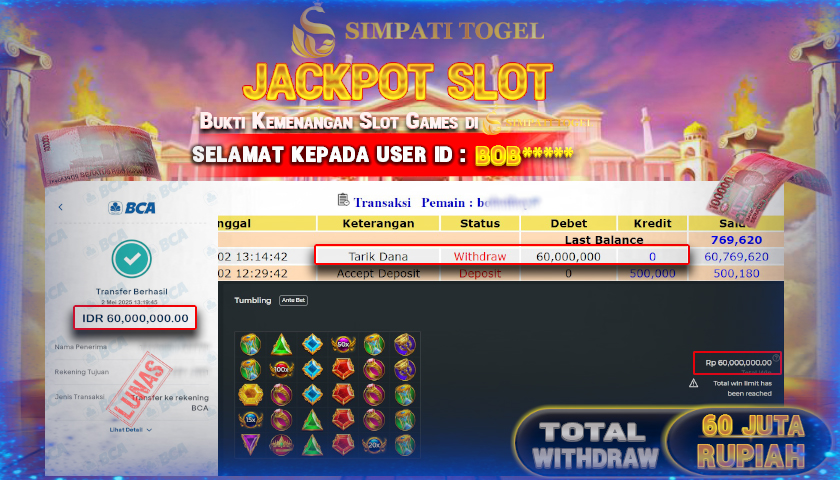 SIMPATITOGEL id : BOB**** MENANG BESAR DI GATES OF OLYMPUS 1000 PRAGMATIC PLAY DENGAN TOTAL WITHDRAW Rp.60.000.000 ,- LUNAS