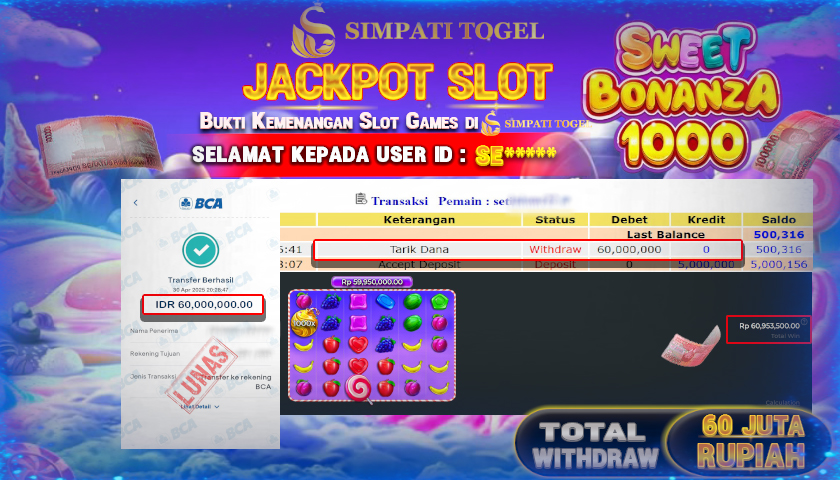 SIMPATITOGEL id : SE**** MENANG BESAR DI SLOT SWEET BONANZA 1000 PRAGMATIC PLAY DENGAN TOTAL WITHDRAW Rp.60.000.000 ,- LUNAS