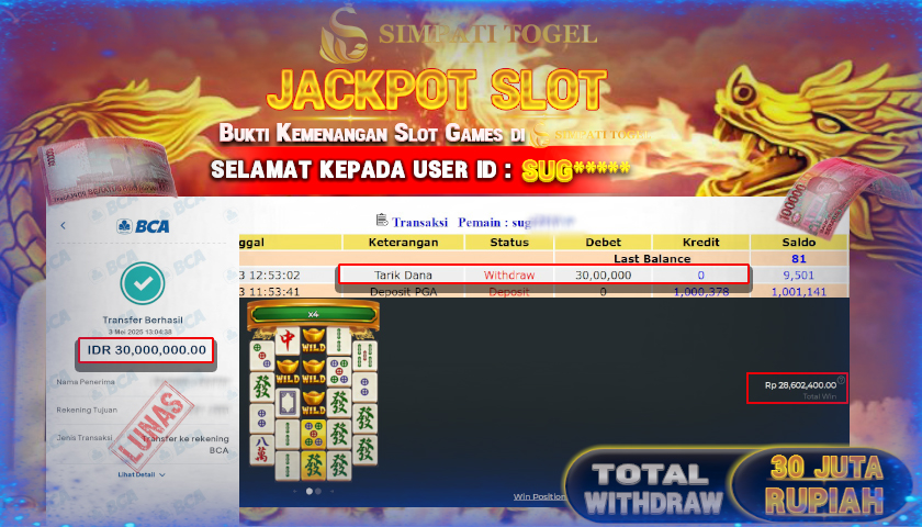 SIMPATITOGEL id : SUG*** JACKPOT DI SLOT MAHJONG WINS 2 PRAGMATIC PLAY TOTAL WITHDRAW Rp.30.000.000 ,- LUNAS