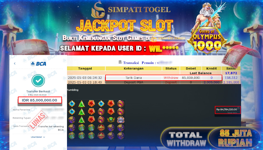 SIMPATITOGEL id : WIL*** KEMENANGAN BESAR DI SLOT GATES OF OLYMPUS 1000 PRAGMATIC PLAY TOTAL WITHDRAW Rp.85.000.000 ,- LUNAS