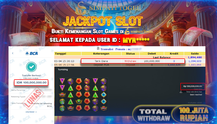 SIMPATITOGEL id : MYR*** JACKPOT DI SLOT GATES OF OLYMPUS 1000 PRAGMATIC PLAY TOTAL WITHDRAW Rp.100.000.000 ,- LUNAS
