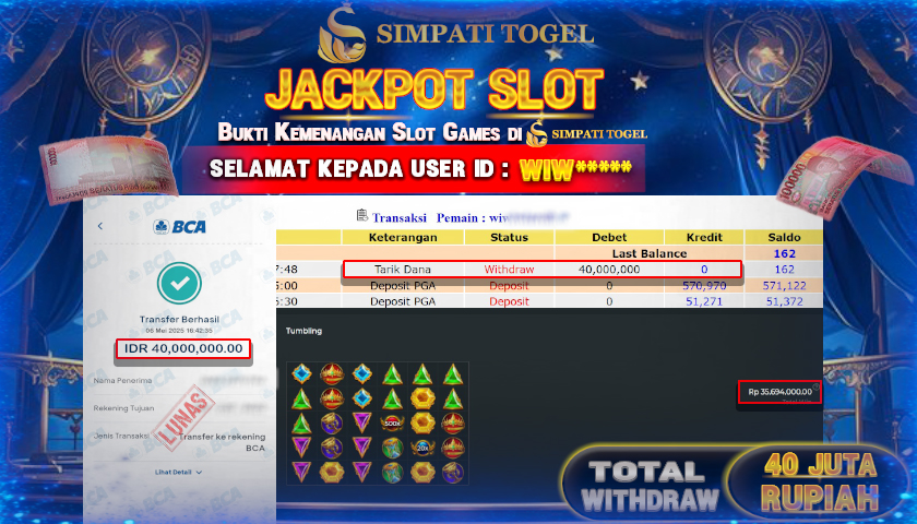 SIMPATITOGEL id : WIW**** JACKPOT DI SLOT GATES OF OLYMPUS 1000 TOTAL WITHDRAW Rp.40.000.000 ,- LUNAS